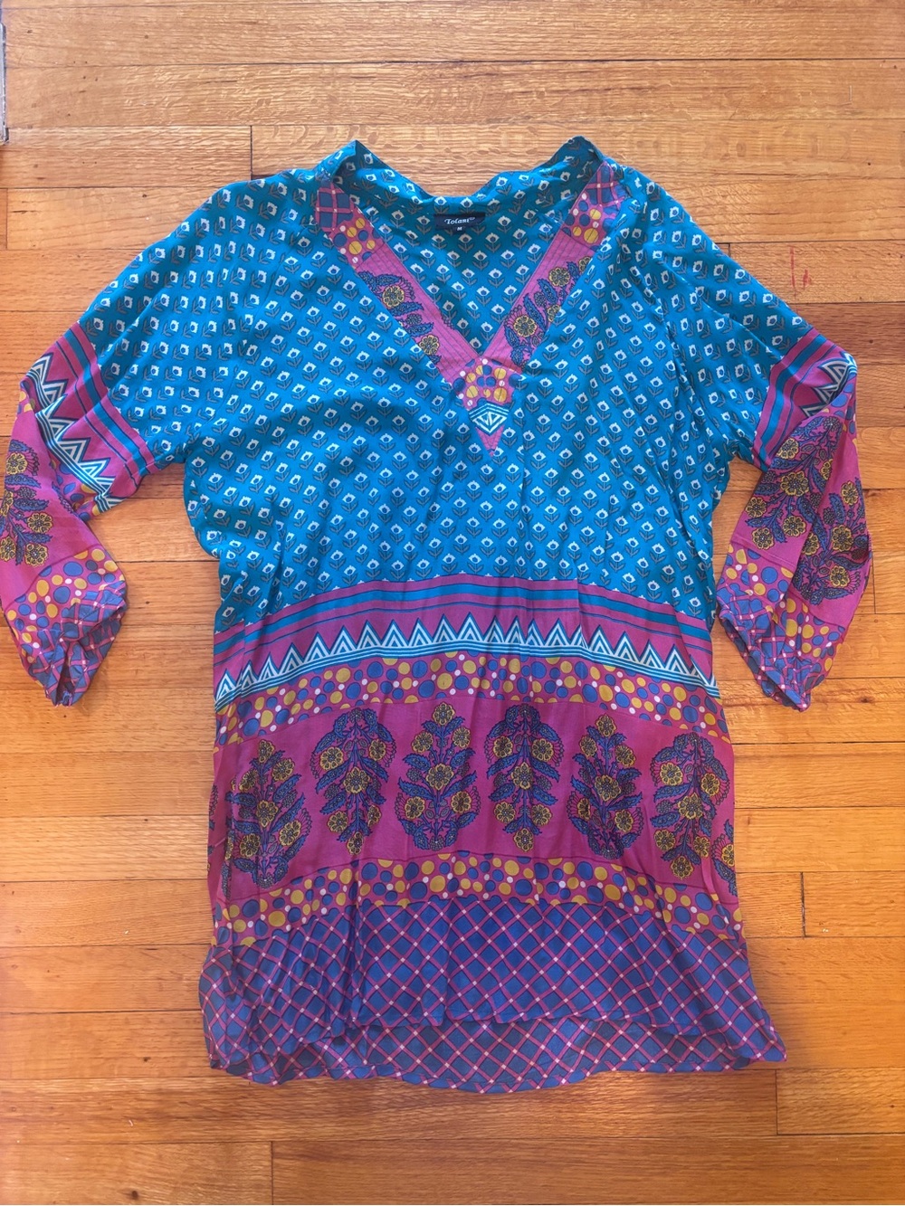 Tolani Boho V-Neck Silk Tunic / Coverup in Teal & Magenta - Medium